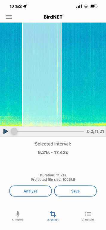 BirdNETアプリの画面、音声分析の選択インターバルが表示されている。