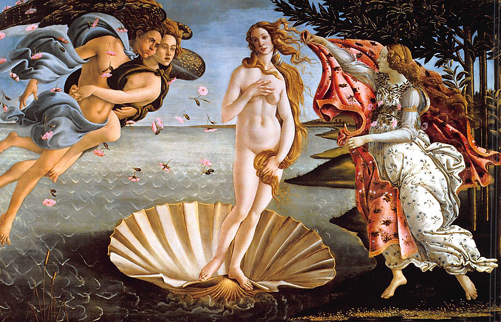 ビーナスが貝殻の上に立っている美しい風景画。左側には風の神ゼフィルスが描かれ、右側には女神の擁護者であるヘーラーが現れています。