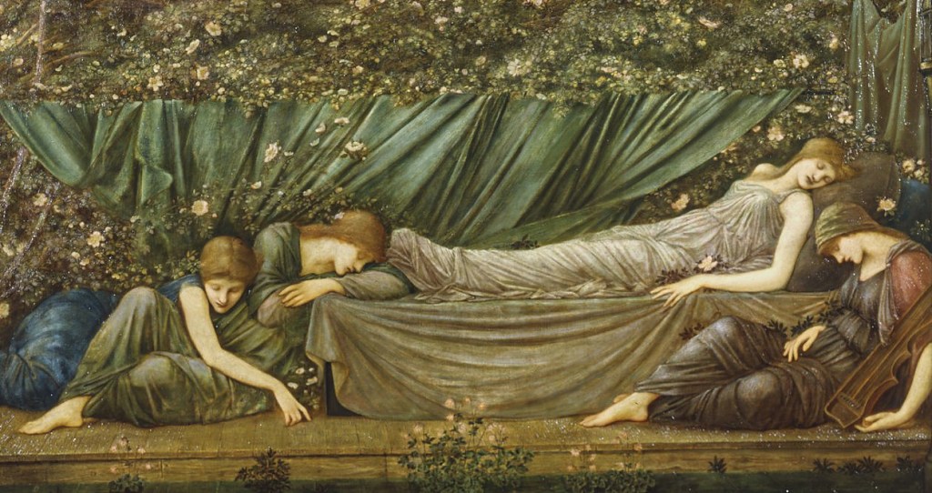 花の中で横たわる女性たちの幻想的な絵画。